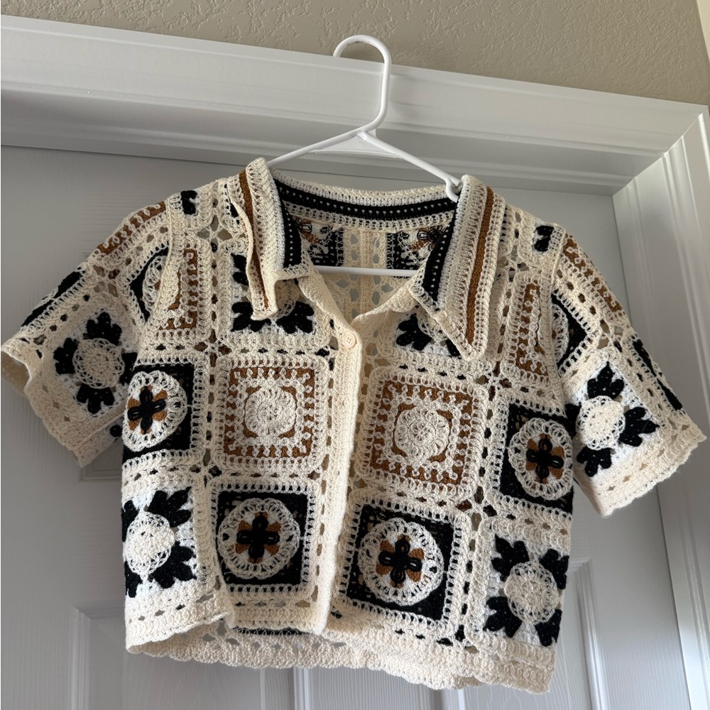 Crochet Square Button-Up Top in Cream, Black & Brown
